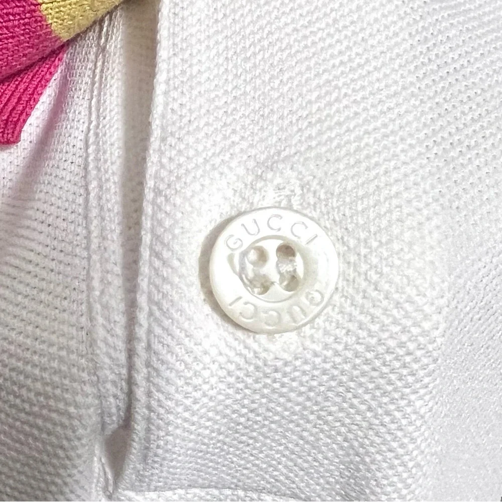 Gucci Cotton Piquet Striped Collar Short Sleeve Embroidered White Polo Shirt